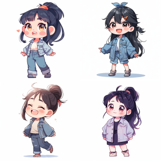 小女孩q版人物，牛仔衫，黑色马尾，休闲服饰，网络漫画风格，抗锯齿处理，白色背景，圆润脸庞，大眼睛，微笑表情，简洁线条，明亮色彩，卡通渲染，平面视角，无阴影，轻松氛围。