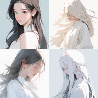 女孩极简主义，简单细节，纯色背景，正面特写，无表情，长发，白色连衣裙，自然光，柔和色调，清晰焦点，平静。