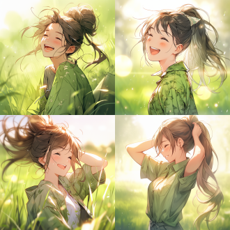 女孩马尾，清新自然，户外草地，阳光明媚，中景镜头，柔和光线，微笑，轻松，绿色调，愉悦。