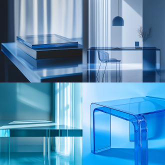 透明桌面，蓝色调，极简主义，室内，冷色调，微距镜头，柔光，静物，清晰细节，平静。