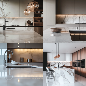 大理石台面，现代厨房，极简主义，高光表面，光线反射，中性色调，简洁布局，自然光，定焦镜头，细节清晰，平静氛围。