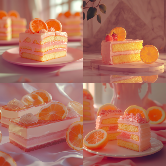 橙色粉色蛋糕切片，cavallaro美学，虚幻引擎5，迷人灯光，超现实主义，梦幻场景，柔和色调，细腻纹理，特写镜头，柔光，甜蜜氛围，艺术感。