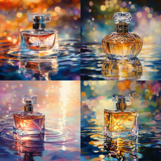 豪华香水静物画，波光粼粼的水环绕，阳光灿烂，8k分辨率，细腻纹理，高光细节，自然光线，反射效果，奢华感，鲜艳色彩，宁静氛围，静物摄影，微距镜头，柔和侧光，高动态范围，反射表面，精致装饰，平静表情。