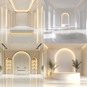 白金色电商背景，空展台，简约风格，极简背景，干净光影，高清分辨率，超细节，c4d风格，blender，超高清3d渲染，复杂细节，对称布局，柔和光线，广角镜头，高分辨率，精细纹理，现代感，专业氛围。