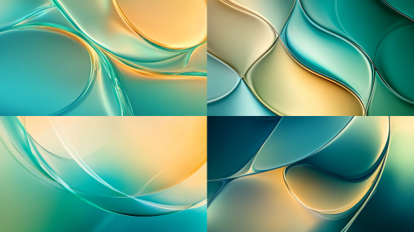 玻璃质感背景图，蓝青金玻璃渐变，平面背景线条流畅，柔和半弧形，抽象艺术，冷色调，光滑表面，反射光，柔和边缘，现代设计，简洁线条，渐变效果。