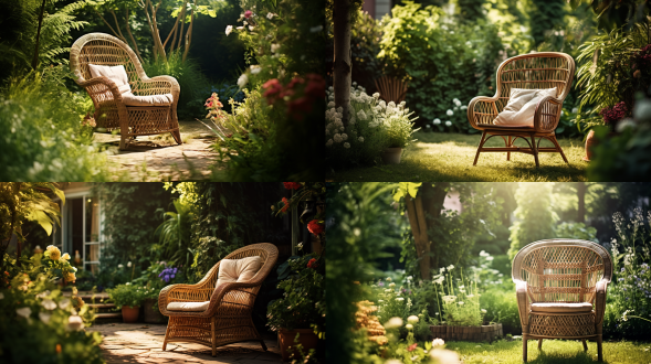 庭院户外环境，藤椅，广角镜头，复杂细节，夏季清晨光影，自然光线，柔和色调，宁静氛围，细节丰富，舒适感。