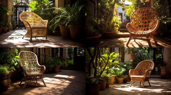 庭院中的藤椅，广角镜头捕捉复杂细节，夏季清晨的光影交错，宁静而生动。藤椅细节丰富，庭院绿意盎然，清晨阳光柔和，广角展现空间感。复杂细节,广角镜头,夏季清晨,光影交错,宁静,生动,绿意盎然,柔和阳光,空间感。