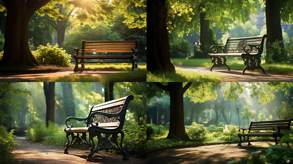 公园长椅，广角视角，复杂细节，夏季清晨，柔和光影，长焦镜头，自然光，宁静，绿意盎然，舒适。