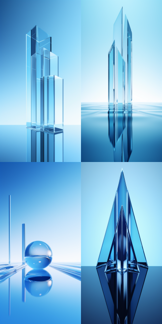 超现实主义，透明玻璃材质，反射，高光泽度，蓝色背景，behance，高清8k，简单的构图，对称布局，极简风格，冷色调，自然光，清晰细节，现代感，艺术性。