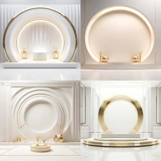 白金色电商背景，空展台，简约风格，极简背景，干净光影，高清分辨率，超细节，c4d风格，blender，超高清3d渲染，复杂细节，对称布局，柔和光线，广角镜头，高分辨率，精细纹理，现代感，专业氛围。