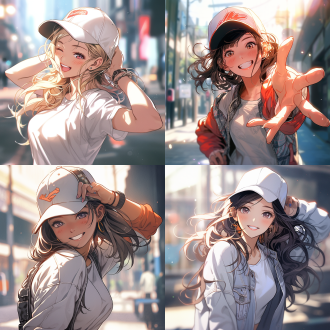 女孩明媚笑脸，棒球帽白t恤牛仔裤，漫画风格，街道背景，明快色调，自然光，广角镜头，动态捕捉，自然表情，活泼个性，街头风格。