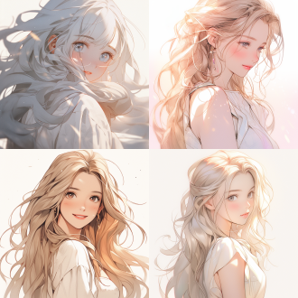 动漫女孩肖像，手绘风格，极简主义，简单的细节，正面视角，柔和光线，浅色调，细腻线条，微笑表情，长发飘逸，白色连衣裙，简洁背景，艺术感，温暖氛围，静态，自然光，细腻质感，温馨情感。