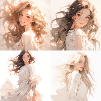 女孩肖像，手绘风格，极简主义，正面视角，柔和光线，浅色调，细腻线条，微笑表情，长发飘逸，白色连衣裙，简洁背景，艺术感，温暖氛围，静态，自然光，细腻质感，温馨情感。