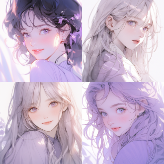 女孩肖像，手绘风格，极简主义，紫色薰衣草服饰，柔和光线，特写镜头，浅景深，自然光，微笑，优雅，紫色，宁静。