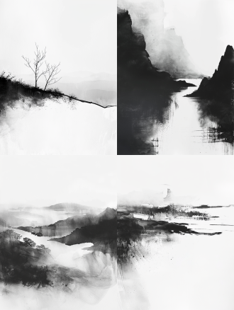 水墨背景，抽象山水，黑白调，极简主义，远景，长焦镜头，柔和光线，静态，宁静，禅意。