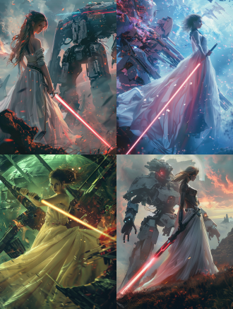 修仙美女，手持光剑，高达背后站立，仰视视角，宏伟场景，科幻风格，长裙飘逸，巾帼英雄，广角镜头，高对比度，冷色调，侧光，动态模糊，未来感，力量感。