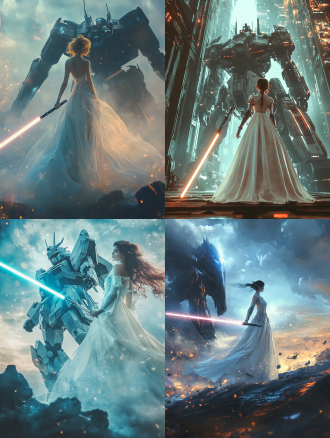 修仙美女，手持光剑，高达背后站立，仰视视角，宏伟场景，科幻风格，长裙飘逸，巾帼英雄，广角镜头，高对比度，冷色调，侧光，动态模糊，未来感，力量感。