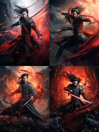 中国古代年轻男子，长发，精致黑红色古装，线条清晰，超8k，cg图，霸气，超现实，强壮的身体，英雄气概，电闪雷鸣，手持长剑，面容俊美，地面符文，天上飞龙，震撼，仰视镜头，玄幻效果，高分辨率，动态光，超现实风格，高对比度，广角镜头，侧光，快速快门，跳跃，紧张。