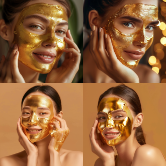 女模特手持涂抹棒涂抹黄金胶原蛋白面膜，半身照，优雅姿态，微笑表情，金色面膜闪耀，室内光，柔和光线，中焦镜头，高饱和色彩，专注动作，奢华感。