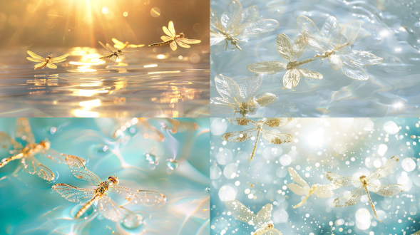 several golden dragonflies float down, close-up of water magic, gold foil in water, outlined in gold, flat photography, ethereal golden light, water droplets, tiffany blue, white, flowing water, shiny surface, high-definition 32k. 明亮的 高调照明 反射光 手电筒 闪亮 闪光 发光