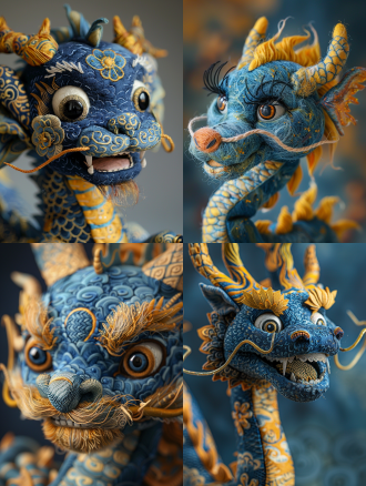 a blue and gold painted chinese dragonfigure,full body,adorable,laughing,funnyaction,it ismade of wool texture,the muppet,woolprocess,realist finedetails,conceptualembroideries,dark yellow and light indigo,intenseclose-ups,papersculptures,hyper-realistic animalillustrations