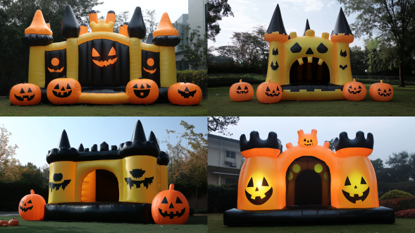 充气膜城堡，万圣节主题，中心偏下构图，黑黄配色，黑色占60%，可爱q版，儿童风格，广角镜头，柔和侧光，欢乐氛围，正面，侧面，顶面，半侧面，三视图。 草地 全身 正视 黑黄yellow 布料 角色设计 参考表