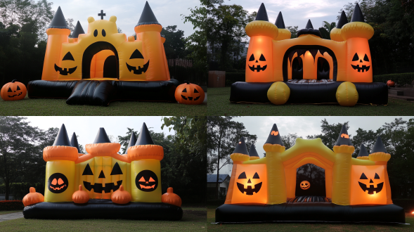充气膜城堡，万圣节主题，中心偏下构图，黑黄配色，黑色占60%，可爱q版，儿童风格，广角镜头，柔和侧光，欢乐氛围，正面，侧面，顶面，半侧面，三视图。 草地 全身 正视 黑黄yellow 布料 角色设计 参考表