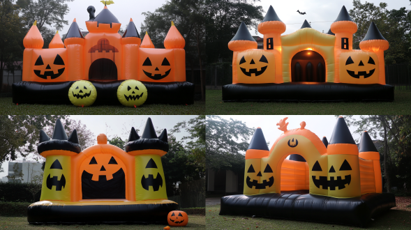 充气膜城堡，万圣节主题，中心偏下构图，黑黄配色，黑色占60%，可爱q版，儿童风格，广角镜头，柔和侧光，欢乐氛围，正面，侧面，顶面，半侧面，三视图。 草地 全身 正视 黑黄yellow 布料 角色设计 参考表