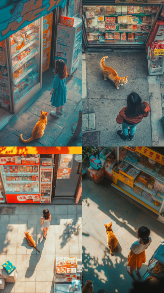 女孩与橘猫便利店前打闹，仰视视角，高饱和色彩，便利店背景，广角镜头，自然光，动态模糊，礼品争夺，表情生动，橘色与红色调，欢乐气氛。 海报风格 极简主义 径向构图 七分身 消失点构图 低角度 主观视角 红黄蓝 比拉尔 刺绣 汉服 红楼梦