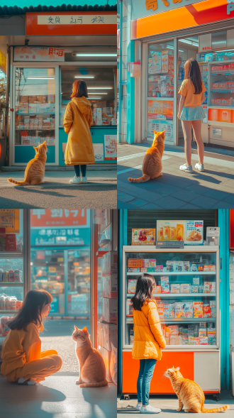 女孩与橘猫便利店前打闹，高饱和色彩，便利店背景，广角镜头，自然光，动态模糊，礼品争夺，表情生动，橘色与红色调，欢乐气氛。 海报风格 极简主义 径向构图 七分身 消失点构图 低角度 红黄蓝 比拉尔 刺绣 汉服 红楼梦 特写 仰视视角