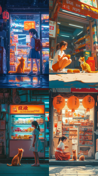 女孩与橘猫便利店前打闹，高饱和色彩，便利店背景，广角镜头，自然光，动态姿势，镜头有冲击力，大透视，场景纵深，月饼礼盒争夺，表情生动，橘色与红色调，欢乐气氛。 海报风格 极简主义 径向构图 七分身 消失点构图 低角度 红黄蓝 比拉尔 刺绣 汉服 红楼梦 特写 仰视视角 动画艺术
