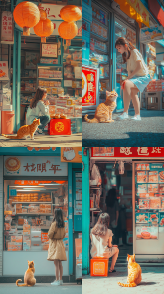 女孩与橘猫便利店前打闹，高饱和色彩，广角镜头，自然光，动态姿势，镜头冲击力，大透视，场景纵深，月饼礼盒争夺，表情生动，橘色与红色调，欢乐气氛，海报风格，极简主义，径向构图，七分身，消失点构图，低角度，红黄蓝，比拉尔，刺绣，汉服，红楼梦，特写，仰视视角，动画艺术。