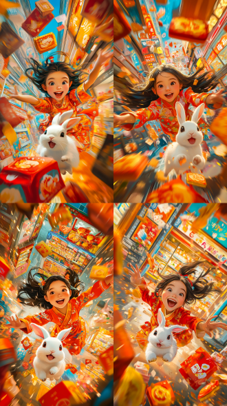 电商宣传海报，女孩与白兔在便利店前打闹，女孩在画面中占比三分之一，面对镜头，高饱和色彩，便利店背景，广角镜头，自然光，动态姿势，镜头有冲击力，大透视，场景纵深，月饼礼盒争夺，表情生动，橘色与红色调，欢乐气氛。 动画艺术 七分身 主观视角 仰视视角 第一人视角 特写 居中构图 汉服 刺绣 月兔 水彩儿童画