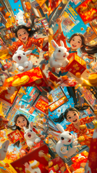 女孩与白兔便利店前打闹，三分之一画面占比，面对镜头，高饱和色彩，便利店背景，广角镜头，自然光，动态姿势，镜头冲击力，大透视，场景纵深，月饼礼盒争夺，表情生动，橘色与红色调，欢乐气氛。 动画艺术 七分身 主观视角 仰视视角 第一人视角 特写 居中构图 汉服 刺绣 月兔