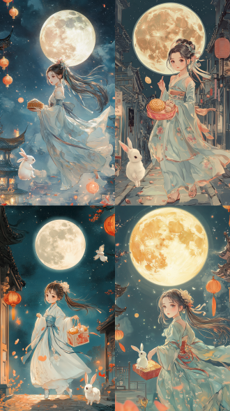 中秋节电商海报，汉服女孩，月饼礼盒，街道奔跑，小兔子跟随，大月亮背景，q版可爱，二头身，兔子简笔画，商业插画，全身照，广角镜头，大透视，超清8k画质，细腻上色，超高分辨率，超精细。 高桥留美子 天野喜孝 莫比乌斯