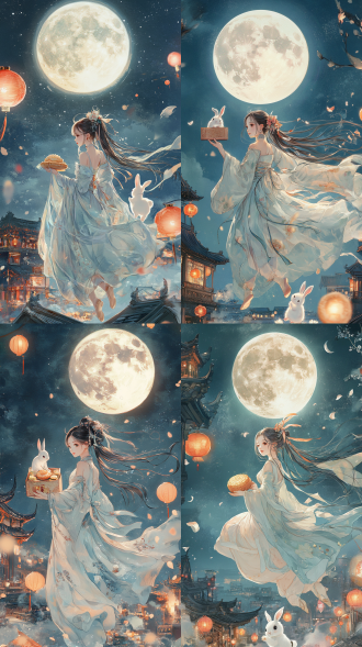 中秋节电商海报，汉服女孩，月饼礼盒，街道奔跑，小兔子跟随，大月亮背景，q版可爱，二头身，兔子简笔画，商业插画，全身照，广角镜头，大透视，超清8k画质，细腻上色，超高分辨率，超精细。 高桥留美子 天野喜孝 莫比乌斯