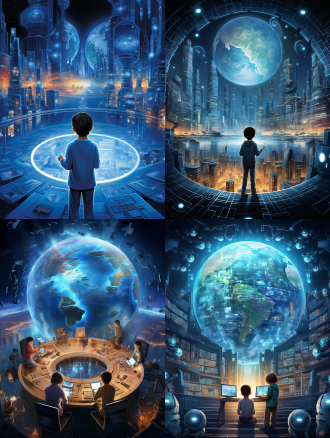 画面关键词：网络世界、温馨与关怀、 描述：孩子在网络空间中安全地探索和学习。网络空间：如人工智能、大数据分析等，画面中一个大盾牌类似保护屏障，过滤不良信息、网络欺诈和网络欺凌元素