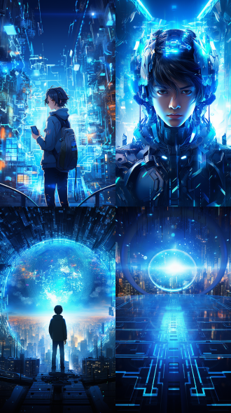 日本动漫风格，蓝色高科技数字世界，立体盾牌，密集编码数字，芯片造型发光灯片，七彩渐变光辉，饱和色彩，顶级艺术美感，8k超高清画质，小男孩，发光透明盾牌，探索学习，发光代码，科技感，未来感，俯视构图，高光，冷色调，广角镜头，好奇，专注。 创风格 未来都市 鱼眼视角 动画艺术