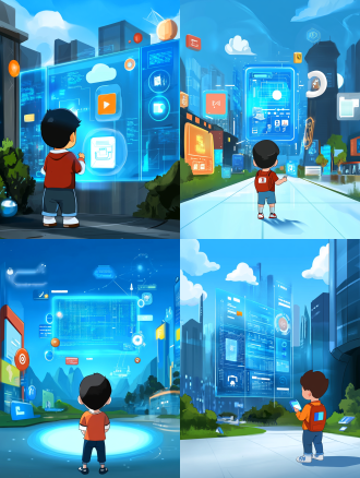 小男孩探索学习，手绘插画风格，动感十足，蓝色高科技数字世界，密集编码数字发光盾牌，饱和色彩，顶级艺术美感，简洁干净画面，8k超高清画质，发光代码，科技感，未来感，俯视构图，高光，冷色调，广角镜头，好奇，专注。 鱼眼视角 动画艺术