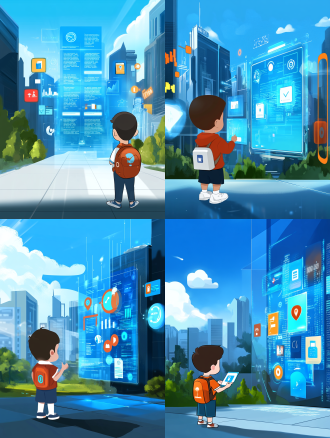 小男孩探索学习，手绘插画风格，动感十足，蓝色高科技数字世界，密集编码数字发光盾牌，饱和色彩，顶级艺术美感，简洁干净画面，8k超高清画质，发光代码，科技感，未来感，俯视构图，高光，冷色调，广角镜头，好奇，专注。 鱼眼视角 动画艺术