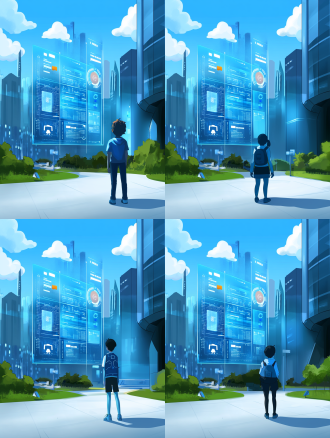 小男孩探索学习，手绘插画风格，动感十足，蓝色高科技数字世界，密集编码数字发光盾牌，饱和色彩，顶级艺术美感，简洁干净画面，8k超高清画质，发光代码，科技感，未来感，俯视构图，高光，冷色调，广角镜头，好奇，专注。 鱼眼视角 动画艺术