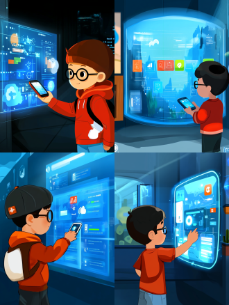 小男孩在盾玻璃罩下探索手机界面，手绘插画，饱和色彩，艺术美感，8k高清，发光代码，科技感，未来感，俯视构图，高光，冷色调，广角镜头，好奇，专注。 鱼眼视角 动画艺术