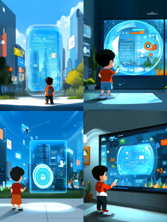 小男孩探索学习，玻璃盾牌发光，手机界面超大，手绘插画，饱和色彩，艺术美感，8k高清，发光代码，科技感，未来感，俯视构图，高光，冷色调，广角镜头，好奇，专注。 鱼眼视角 动画艺术