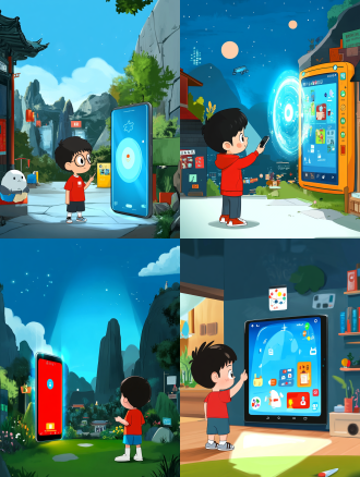 小男孩探索学习，玻璃盾牌发光，超大屏手机，手绘插画，饱和色彩，简洁画面，8k高清，科技感，未来感，广角镜头，好奇专注。 宫崎骏 极简主义