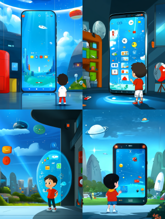 小男孩在盾牌保护罩内，超大智能手机界面，手绘插画，饱和色彩，顶级艺术美感，简洁画面，8k超高清，科技感，未来感，广角镜头，好奇，专注。 宫崎骏 极简主义