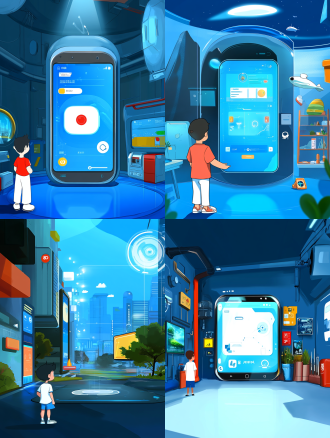 小男孩保护罩内，巨型智能手机界面，手绘插画，饱和色彩，顶级艺术美感，简洁画面，8k超高清，科技感，未来感，广角镜头，好奇，专注。 宫崎骏 极简主义