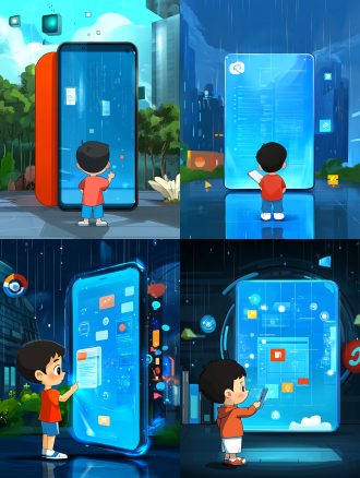 小男孩在玻璃保护罩内，站在巨大智能手机前学习，网络虚拟世界，数据，背景代码雨，手绘插画风格，q版可爱，平面化，饱和色彩，顶级艺术美感，简洁画面，8k超高清，科技感，未来感，广角镜头，好奇，专注。 宫崎骏 极简主义