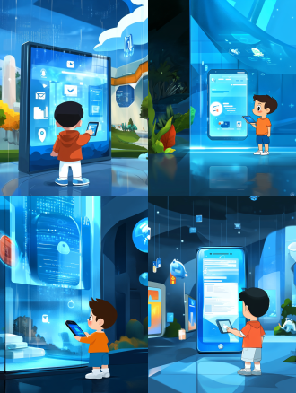 小男孩在玻璃保护罩内，站在巨大智能手机前，探索网络虚拟世界，背景代码雨，手绘q版风格，平面化，饱和色彩，8k超高清，科技感，未来感，广角镜头，好奇，专注。 宫崎骏 极简主义