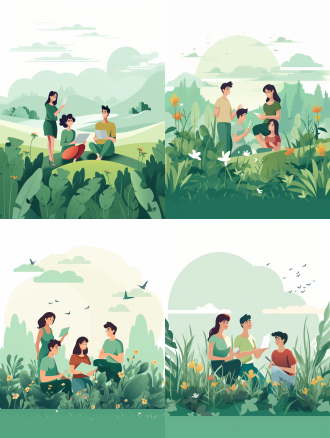 小孩子草地玩耍，波浪线风格，扁平视角，平面插图，平面形式，关节连接，平面透视，浅白绿调，曲线简约，情绪手势，全身远景，深距离，扁平风格，简约设计，浅色调，曲线美，情绪表达，全身展示，远景深。