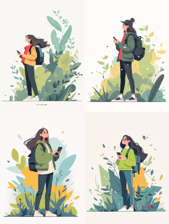 背着书包的小学生玩手机，草地背景，扁平插画，矢量风格，平面形式，白色背景，平面透视，浅白色和绿色，简约曲线美，全身，专注关节连接。